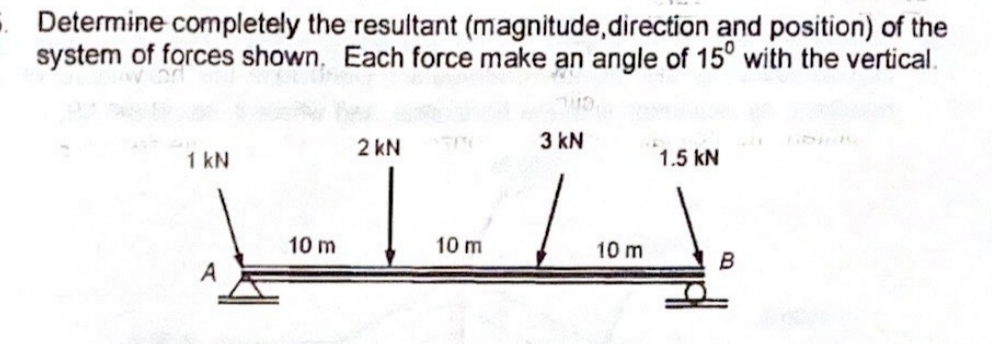 . Determine completely the resultant (magnitude,direction and position) of the
system of forces shown, Each force make an angle of 15° with the vertical.
2 kN
3 kN
1 kN
1.5 kN
10 m
10 m
10 m
