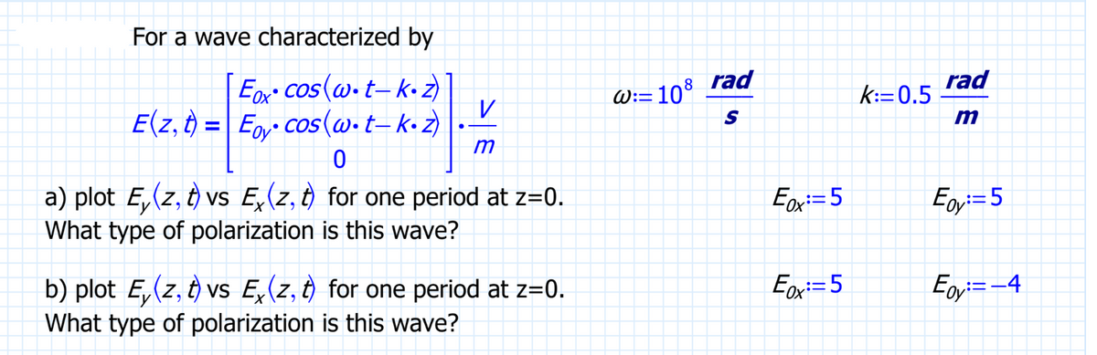 For a wave characterized by
Eox cos(w.t-k-z)
●
E(z, t) = Eoy cos(w•t_k•z)
0
a) plot E, (z, t) vs Ex(z, t) for one period at z=0.
What type of polarization is this wave?
V
m
b) plot E, (z, t) vs Ex(z, t) for one period at z=0.
What type of polarization is this wave?
= 108
W:=
rad
S
Ex=5
Ex:=5
k:=0.5
rad
m
Egy:=5
Eoy:=-4