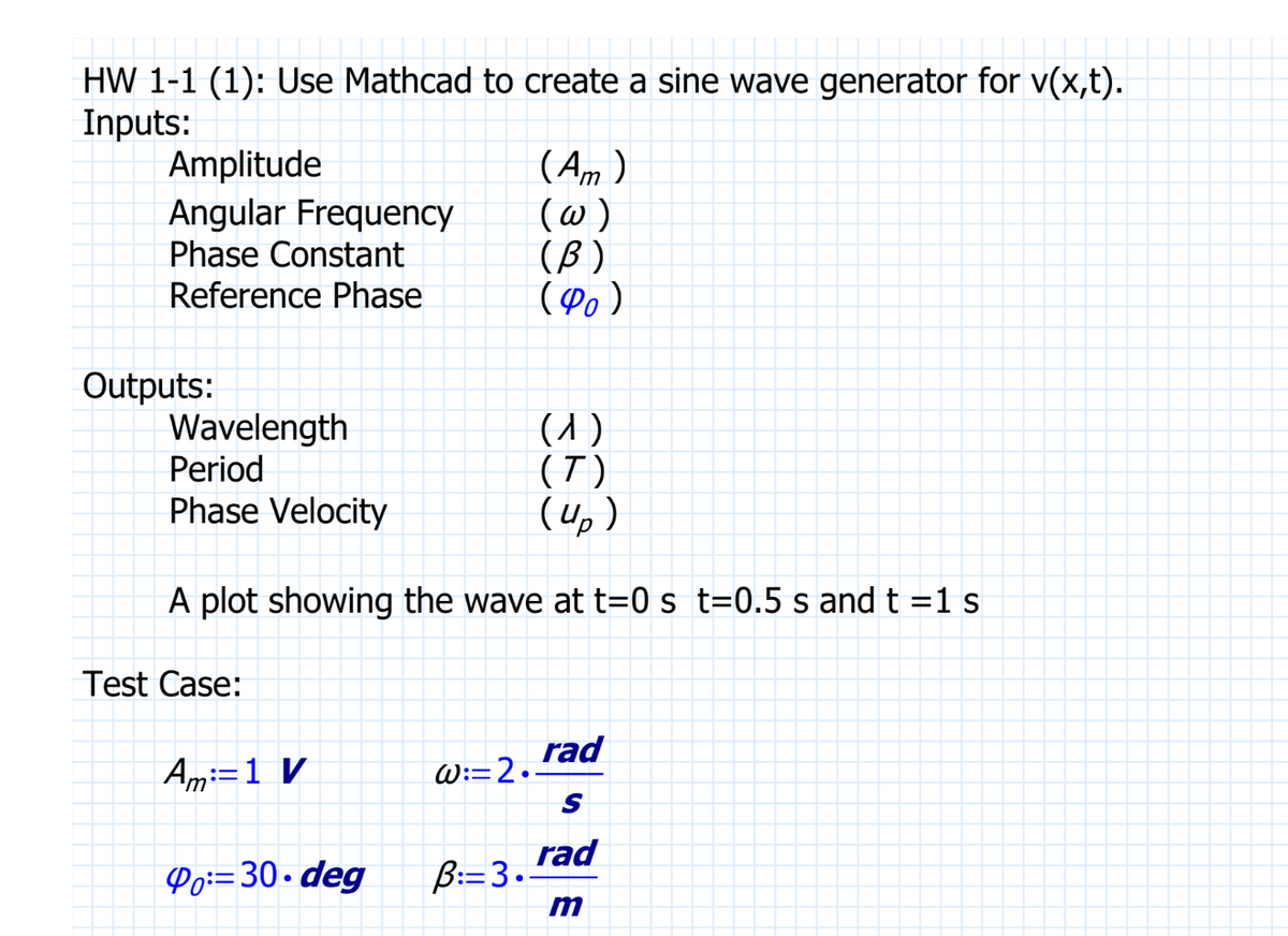 HW 1-1 (1): Use Mathcad to create a sine wave generator for v(x,t).
Inputs:
Amplitude
Angular Frequency
Phase Constant
Reference Phase
Outputs:
Wavelength
Period
Phase Velocity
(1)
(T)
(40)
A plot showing the wave at t=0 st=0.5 s and t =1 s
Test Case:
Am: 1 V
Po: 30.deg
(Am)
(w)
(B)
(Φο)
W:=2.
B:=3.-
rad
S
rad
m