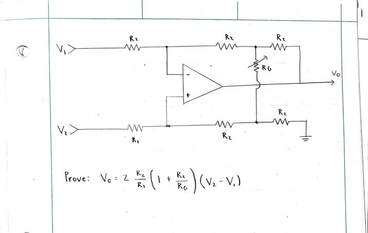 V₁>
V₂>
Rz
ww
ww
R₁
Prove: Vo = 2
Rei (1
R₁
1 +
R₂
R₂
ww
:) (V₂ - V₁)
RG
www
R₂
R₂
www
RG
R₂
ww
Vo