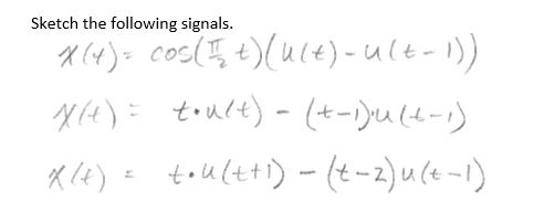 Sketch the following signals.
x(x) = cos(5+) (u(t)-u (t-1))
X(t) = toult) - (+-1)u (4-1)
K(+)
xl tru (tt) - (t-z)u(t-1)