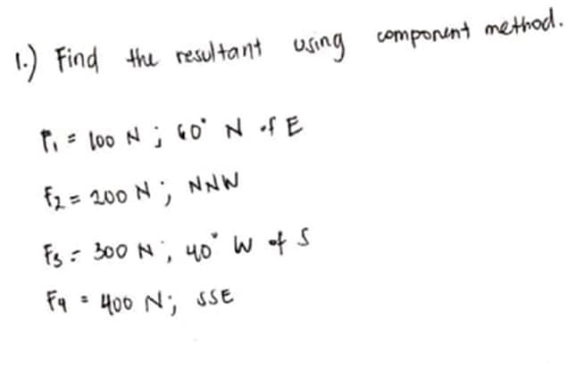 1.
) Find the resultant using component method.
t - lo0 N; 60N fE
f2= 200 N, NNW
Fs= 300 N, 40' w fS
fq - 400 N; sSE
