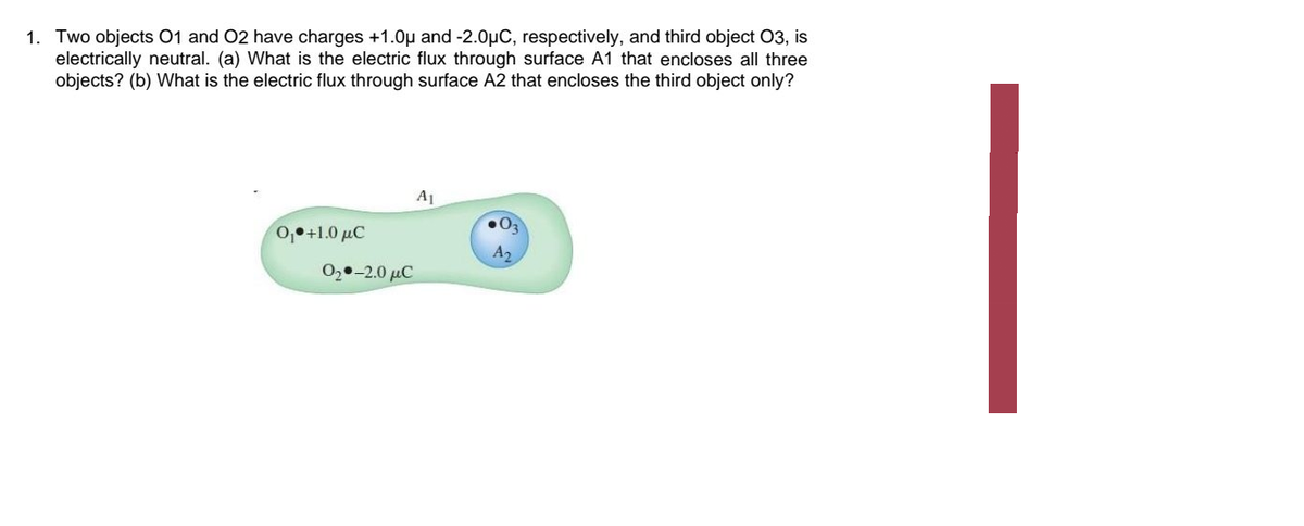 1. Two objects 01 and O2 have charges +1.0μ and -2.0µC, respectively, and third object 03, is
electrically neutral. (a) What is the electric flux through surface A1 that encloses all three
objects? (b) What is the electric flux through surface A2 that encloses the third object only?
A₁
03
0 +1.0 μC
Oy•-2.0 μC
|