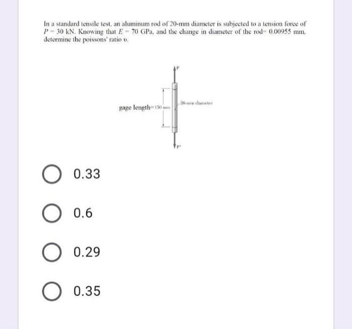 In a standard tensile test, an aluminum rod of 20-mm diameter is subjected to a tension force of
P- 30 kN. Knowing that E- 70 GPa, and the change in diameter of the rod- 0.00955 mm,
determine the poissons' ratio v.
20n diateter
gage length-150
0.33
O 0.6
0.29
O 0.35
