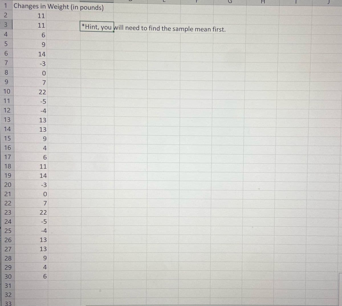 1 Changes in Weight (in pounds)
11
3
11
*Hint, you will need to find the sample mean first.
4.
6.
9.
14
-3
8
9.
7
10
22
11
-5
12
-4
13
13
14
13
15
9.
16
4
17
6.
18
11
19
14
20
-3
21
22
23
22
24
-5
25
-4
26
13
27
13
28
9.
29
4
30
6.
31
32
33
2.
67
