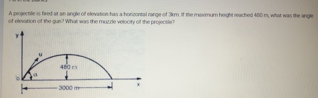 A projectile is fired at an angle of elevation has a horizontal range of 3km. If the maximum height reached 480 m, what was the angle
of elevation of the gun? What was the muzzle velocity of the projectile?
480 ra
3000 m
