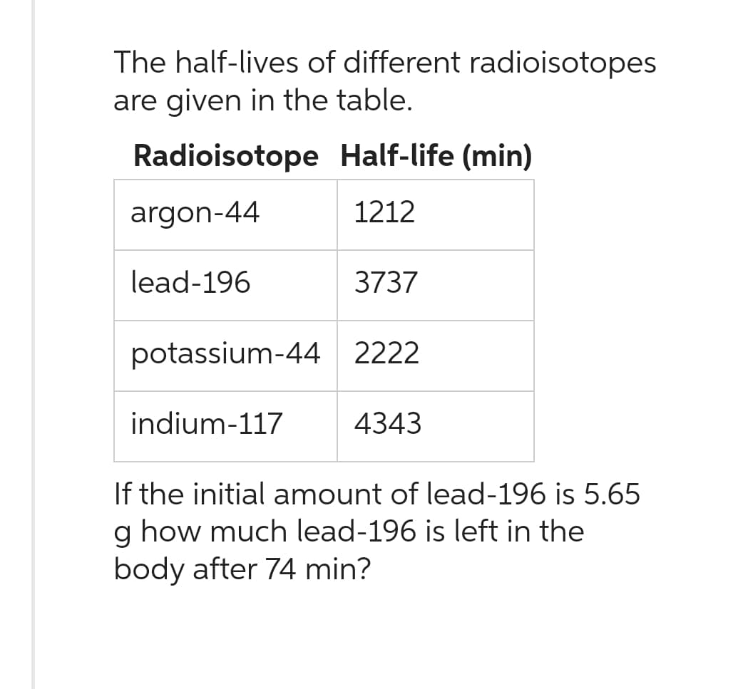 The half-lives of different radioisotopes
are given in the table.
Radioisotope
argon-44
lead-196
Half-life (min)
1212
indium-117
3737
potassium-44 2222
4343
If the initial amount of lead-196 is 5.65
g how much lead-196 is left in the
body after 74 min?