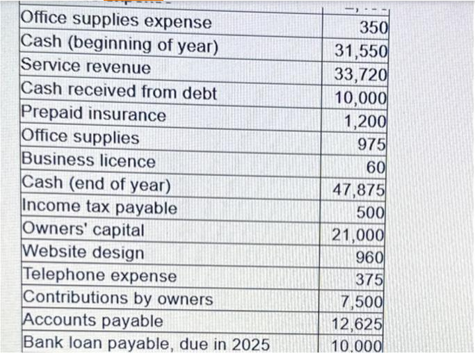 Office supplies expense
Cash (beginning of year)
Service revenue
Cash received from debt
Prepaid insurance
Office supplies
Business licence
Cash (end of year)
Income tax payable
Owners' capital
Website design
Telephone expense
Contributions by owners
Accounts payable
Bank loan payable, due in 2025
E
350
31,550
33,720
10,000
1,200
975
60
47,875
500
21,000
960
375
7,500
12,625
10.000