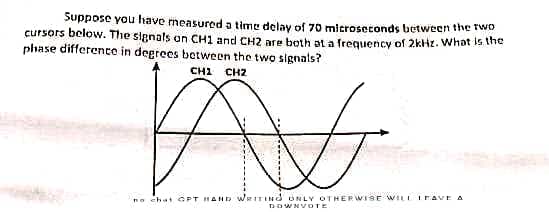 Suppose you have measured a time delay of 70 microseconds between the two
cursors below. The signals on CH1 and CH2 are both at a frequency of 2kHz. What is the
phase difference in degrees between the two signals?
CHI CHZ
Av
no chat GPT HAND WRITING ONLY OTHERWISE WILL LEAVE A
I. TA MYT-