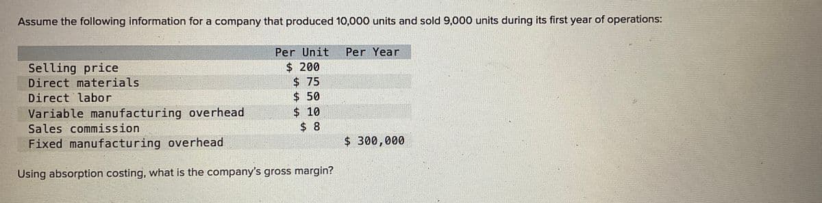 Assume the following information for a company that produced 10,000 units and sold 9,000 units during its first year of operations:
Per Unit Per Year
Selling price
$ 200
Direct materials
$ 75
Direct labor
Sales commission
Fixed manufacturing overhead
$ 50
Variable manufacturing overhead
$ 10
$ 8
$ 300,000
Using absorption costing, what is the company's gross margin?