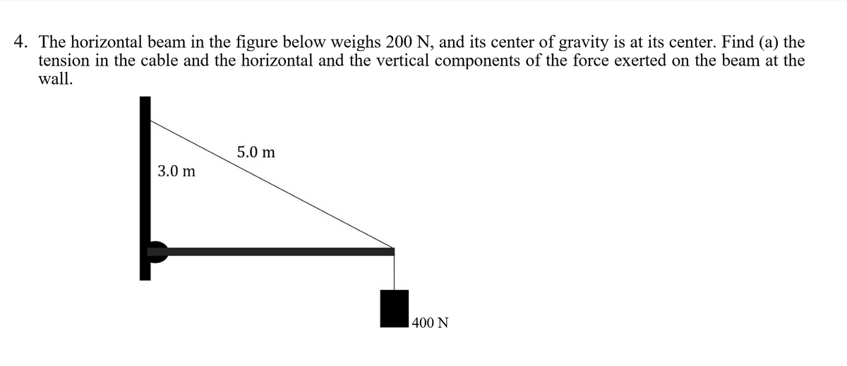 4. The horizontal beam in the figure below weighs 200 N, and its center of gravity is at its center. Find (a) the
tension in the cable and the horizontal and the vertical components of the force exerted on the beam at the
wall.
5.0 m
3.0 m
400 N
