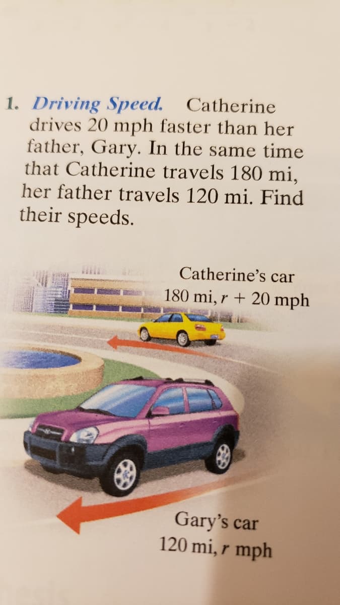 1. Driving Speed. Catherine
drives 20 mph faster than her
father, Gary. In the same time
that Catherine travels 180 mi,
her father travels 120 mi. Find
their speeds.
Catherine's car
180 mi, r + 20 mph
Gary's car
120 mi, r mph
