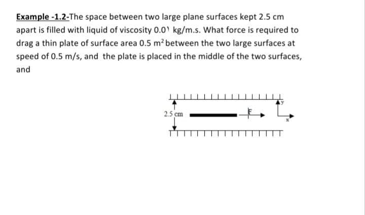 Example -1.2-The space between two large plane surfaces kept 2.5 cm
apart is filled with liquid of viscosity 0.0 ' kg/m.s. What force is required to
drag a thin plate of surface area 0.5 m² between the two large surfaces at
speed of 0.5 m/s, and the plate is placed in the middle of the two surfaces,
and
2.5 cm
