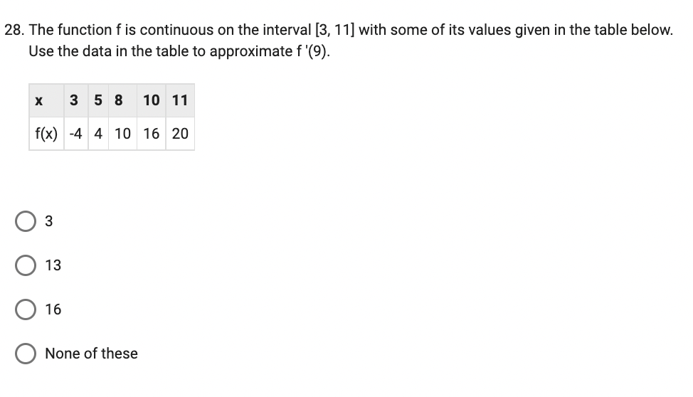 28. The function f is continuous on the interval [3, 11] with some of its values given in the table below.
Use the data in the table to approximate f '(9).
3 58 10 11
f(x) -4 4 10 16 20
X
3
13
16
None of these