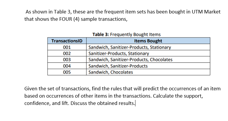 As shown in Table 3, these are the frequent item sets has been bought in UTM Market
that shows the FOUR (4) sample transactions,
Table 3: Frequently Bought Items
Items Bought
TransactionsID
001
Sandwich, Sanitizer-Products, Stationary
Sanitizer-Products, Stationary
002
003
004
Sandwich, Sanitizer-Products, Chocolates
Sandwich, Sanitizer-Products
Sandwich, Chocolates
005
Given the set of transactions, find the rules that will predict the occurrences of an item
based on occurrences of other items in the transactions. Calculate the support,
confidence, and lift. Discuss the obtained results.