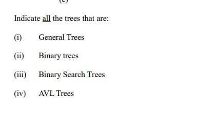 Indicate all the trees that are:
(i)
General Trees
(ii)
Binary trees
(iii) Binary Search Trees
(iv) AVL Trees
