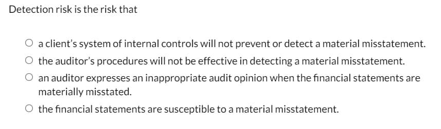 Detection risk is the risk that
a client's system of internal controls will not prevent or detect a material misstatement.
O the auditor's procedures will not be effective in detecting a material misstatement.
O an auditor expresses an inappropriate audit opinion when the financial statements are
materially misstated.
the financial statements are susceptible to a material misstatement.
