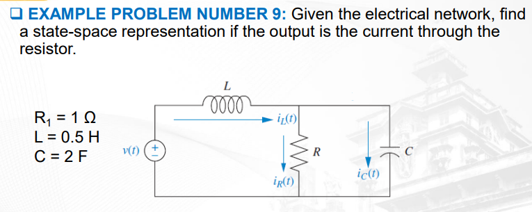 O EXAMPLE PROBLEM NUMBER 9: Given the electrical network, find
a state-space representation if the output is the current through the
resistor.
L
R, = 10
L = 0.5 H
C = 2 F
v(1) ( +
R
iç(t)
iR(1)
