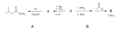 1. Mg
2. Cô,
1. PPh,
H*
A
B
OCH3
CH,OH
3. H*
2. Buli
A
В
