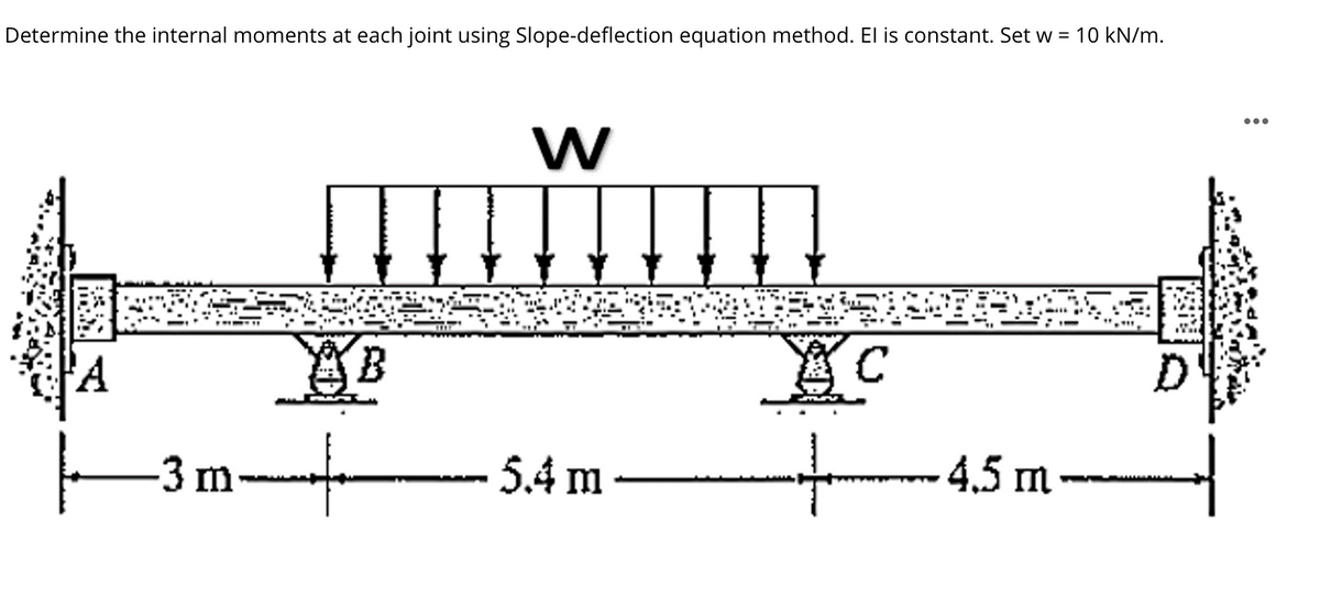 Determine the internal moments at each joint using Slope-deflection equation method. El is constant. Set w = 10 kN/m.
W
RAVIGATE
A
YB
—3m-
5.4 m -
A C
-—-—--—-—-4.5 m²
4