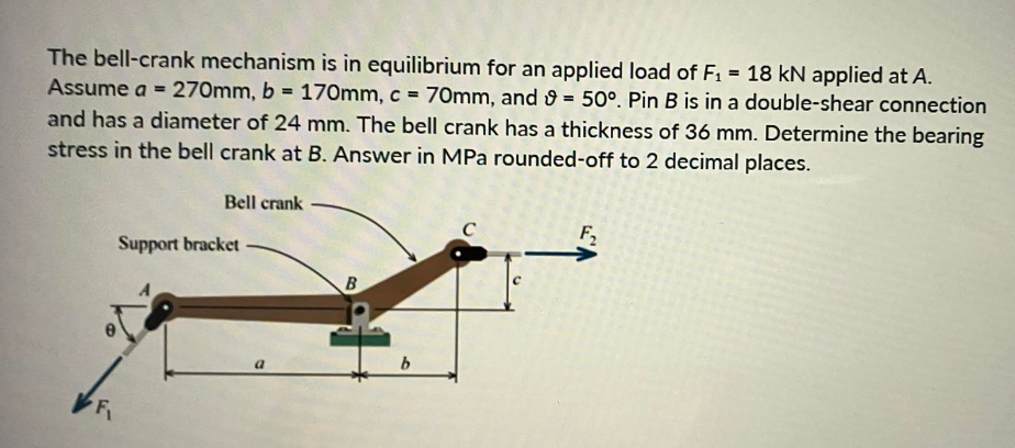 H
The bell-crank mechanism is in equilibrium for an applied load of F₁ = 18 kN applied at A.
Assume a = 270mm, b = 170mm, c = 70mm, and 9 = 50°. Pin B is in a double-shear connection
and has a diameter of 24 mm. The bell crank has a thickness of 36 mm. Determine the bearing
stress in the bell crank at B. Answer in MPa rounded-off to 2 decimal places.
F₁
Bell crank
Support bracket
a
B
b
F₂