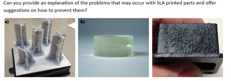 Can you provide an explanation of the problems that may occur with SLA printed parts and offer
suggestions on how to prevent them?
b)