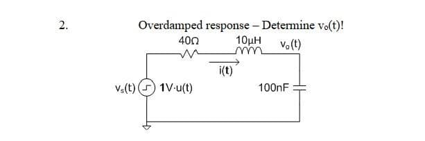 2.
Vs(t)
Overdamped response - Determine vo(t)!
400
10μH vo(t)
1V-u(t)
i(t)
100nF