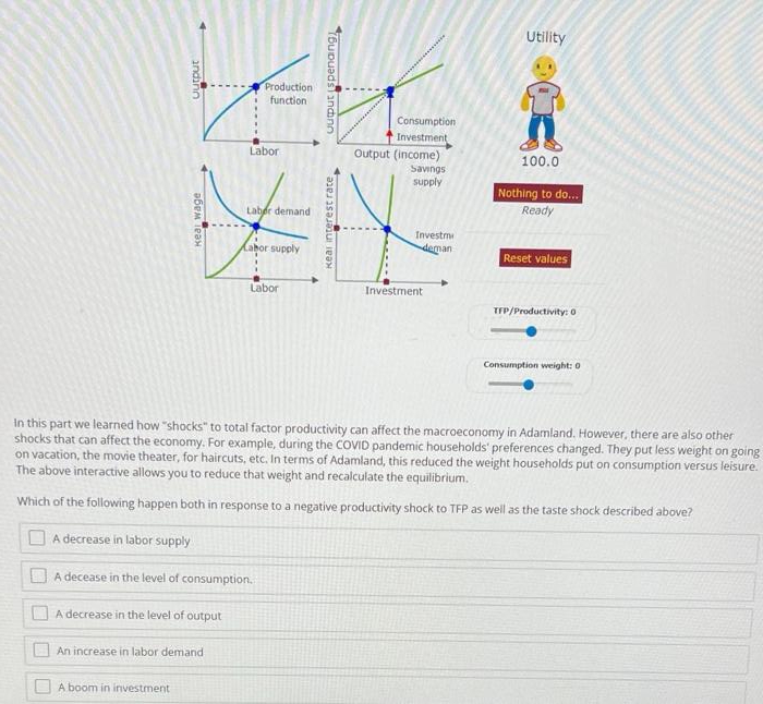 Uutput
Keal wage
A decrease in the level of output
A boom in investment
An increase in labor demand
Production
function
Labor
Laber demand
A decease in the level of consumption.
Labor supply
Labor
Toupuads andinn
Keal interest rate
Consumption
Investment
Output (income)
Savings
supply
Investm
deman
Investment
Utility
100.0
Nothing to do...
Ready
In this part we learned how "shocks" to total factor productivity can affect the macroeconomy in Adamland. However, there are also other
shocks that can affect the economy. For example, during the COVID pandemic households' preferences changed. They put less weight on going
on vacation, the movie theater, for haircuts, etc. In terms of Adamland, this reduced the weight households put on consumption versus leisure.
The above interactive allows you to reduce that weight and recalculate the equilibrium.
Which of the following happen both in response to a negative productivity shock to TFP as well as the taste shock described above?
A decrease in labor supply
Reset values
TFP/Productivity: 0
Consumption weight: 0