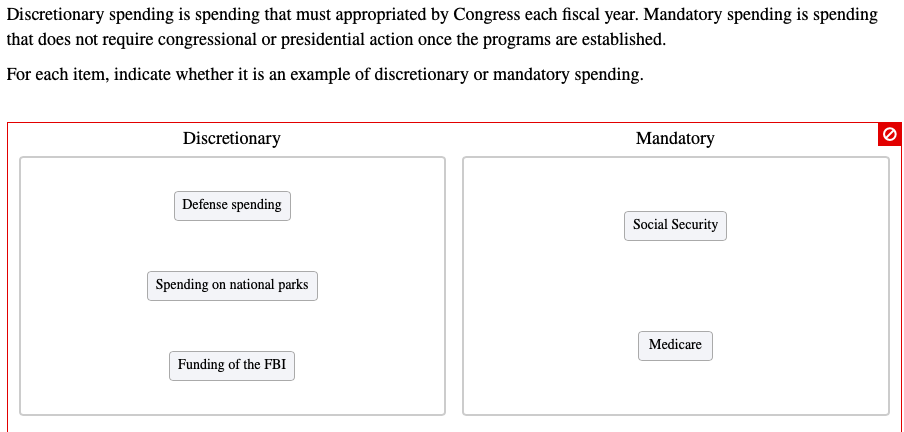 Discretionary spending is spending that must appropriated by Congress each fiscal year. Mandatory spending is spending
that does not require congressional or presidential action once the programs are established.
For each item, indicate whether it is an example of discretionary or mandatory spending.
Discretionary
Defense spending
Spending on national parks
Funding of the FBI
Mandatory
Social Security
Medicare
O