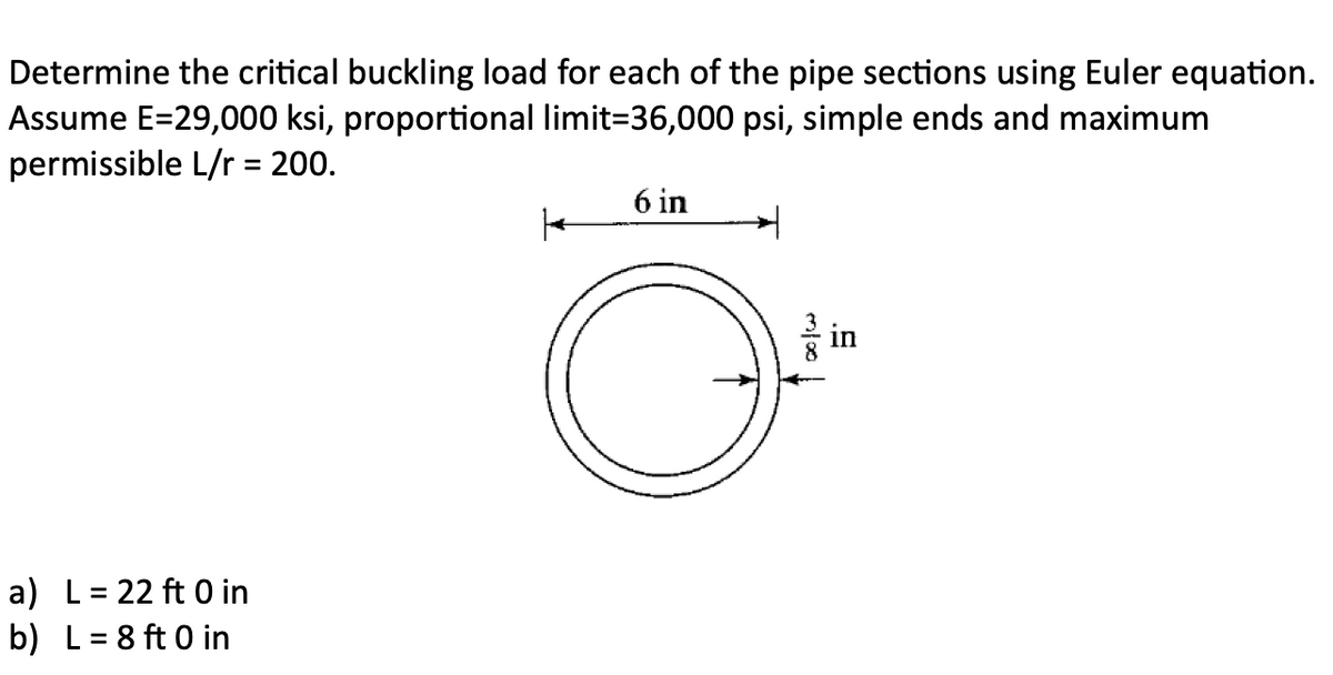 Determine the critical buckling load for each of the pipe sections using Euler equation.
Assume E=29,000 ksi, proportional limit=36,000 psi, simple ends and maximum
permissible L/r = 200.
a) L=22 ft 0 in
b) L = 8 ft 0 in
6 in
3100
in