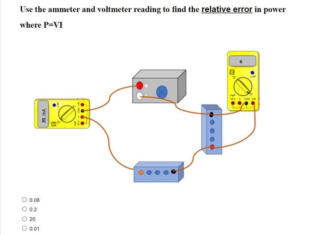 Use the ammeter and voltmeter reading to find the relative error in power
where P=VI
O 0.08
O 0.2
O 20
O 0.01
70 mA
