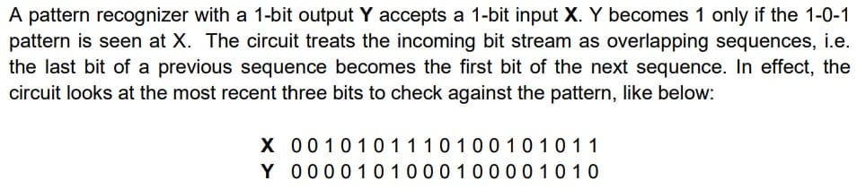 A pattern recognizer with a 1-bit output Y accepts a 1-bit input X. Y becomes 1 only if the 1-0-1
pattern is seen at X. The circuit treats the incoming bit stream as overlapping sequences, i.e.
the last bit of a previous sequence becomes the first bit of the next sequence. In effect, the
circuit looks at the most recent three bits to check against the pattern, like below:
X
0010101110100101011
0000101000100001010
Y