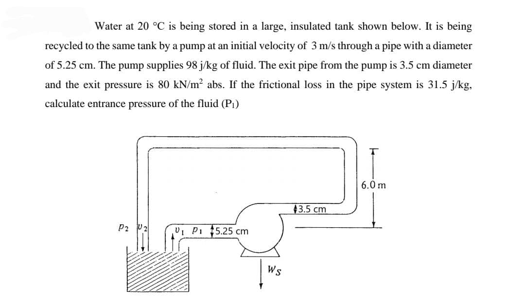 Water at 20 °C is being stored in a large, insulated tank shown below. It is being
recycled to the same tank by a pump at an initial velocity of 3 m/s through a pipe with a diameter
of 5.25 cm. The pump supplies 98 j/kg of fluid. The exit pipe from the pump is 3.5 cm diameter
and the exit pressure is 80 kN/m2 abs. If the frictional loss in the pipe system is 31.5 j/kg,
calculate entrance pressure of the fluid (P1)
6.0 m
43.5 cm
P2 U2
U, P 5.25 cm
Ws
