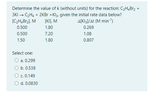 ### Reaction Rate Determination

#### Problem Statement
Determine the value of \( k \) (without units) for the reaction: 
\[ \text{C}_2\text{H}_4\text{Br}_2 + 3\text{KI} \rightarrow \text{C}_2\text{H}_4 + 2\text{KBr} + \text{KI}_3 \]
given the initial rate data below? 

#### Data Table:

| [C2H4Br2], M | [KI], M | Δ[KI3]/Δt (M min⁻¹) |
|--------------|---------|----------------------|
| 0.500        | 1.80    | 0.269                |
| 0.500        | 7.20    | 1.08                 |
| 1.50         | 1.80    | 0.807                |

#### Multiple-Choice Options:
Select one:
- a. 0.299
- b. 0.538
- c. 0.149
- d. 0.0830

#### Diagrams
No graphs or diagrams are provided in the given question.

---

To solve for the rate constant \( k \), you can use the rate law and the data points provided. The rate law for this reaction can be written in the form:
\[ \text{rate} = k [\text{C}_2\text{H}_4\text{Br}_2]^m [\text{KI}]^n \]

By analyzing the changes in the concentration of reactants and their effect on the rate, the constants \( m \) and \( n \) and finally \( k \) can be determined.