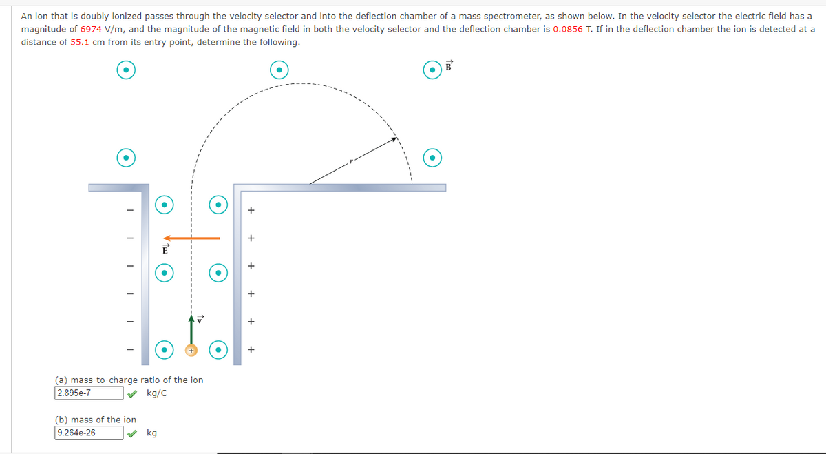 An ion that is doubly ionized passes through the velocity selector and into the deflection chamber of a mass spectrometer, as shown below. In the velocity selector the electric field has a
magnitude of 6974 V/m, and the magnitude of the magnetic field in both the velocity selector and the deflection chamber is 0.0856 T. If in the deflection chamber the ion is detected at a
distance of 55.1 cm from its entry point, determine the following.
B
+
(a) mass-to-charge ratio of the ion
kg/C
2.895e-7
(b) mass of the ion
9.264e-26
V kg
+ +
