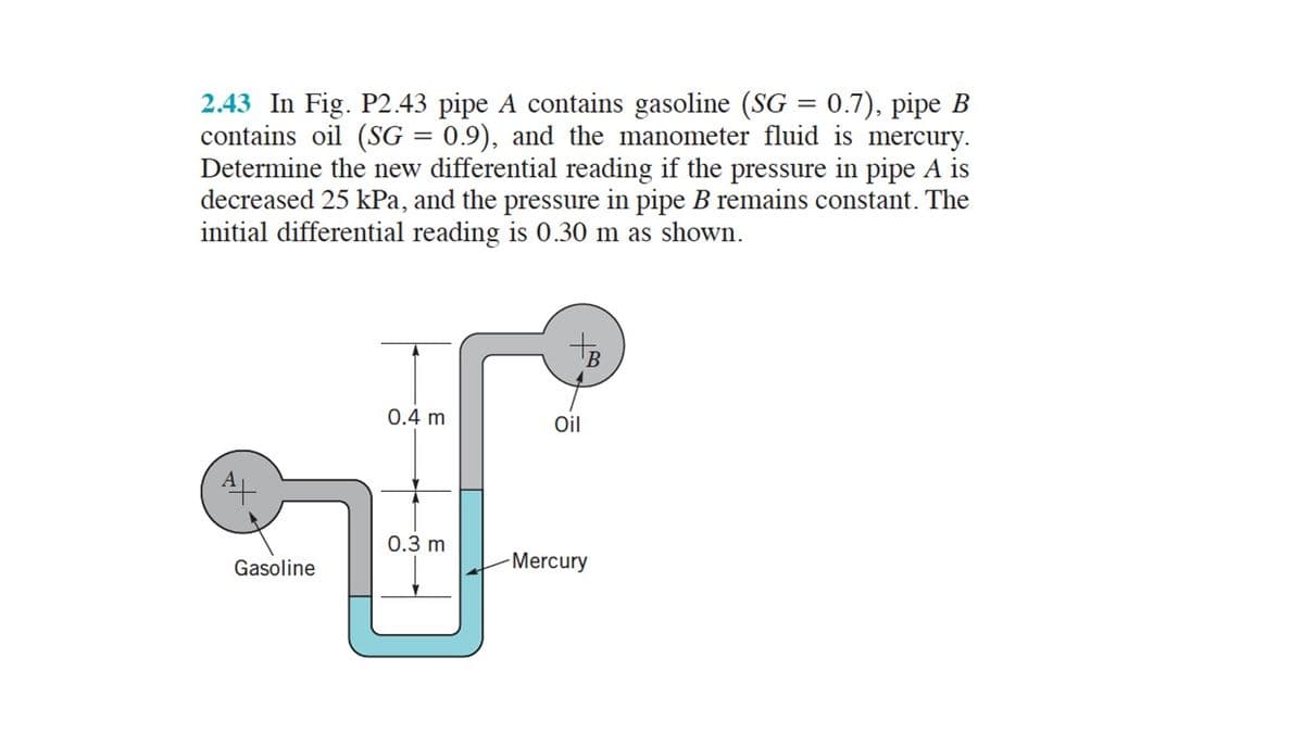 2.43 In Fig. P2.43 pipe A contains gasoline (SG = 0.7), pipe B
contains oil (SG = 0.9), and the manometer fluid is mercury.
Determine the new differential reading if the pressure in pipe A is
decreased 25 kPa, and the pressure in pipe B remains constant. The
initial differential reading is 0.30 m as shown.
tB
0.4 m
Oil
0.3 m
Gasoline
-Mercury
