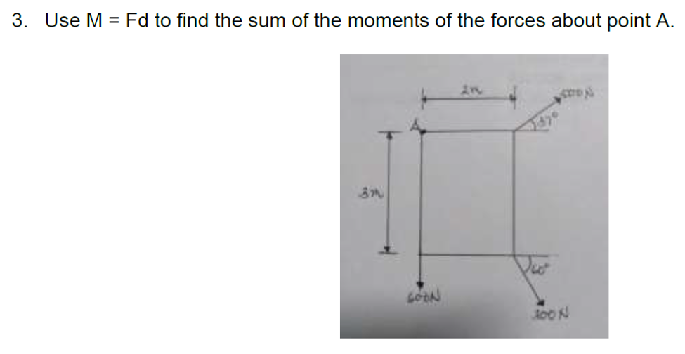 3. Use M = Fd to find the sum of the moments of the forces about point A.
J00N
