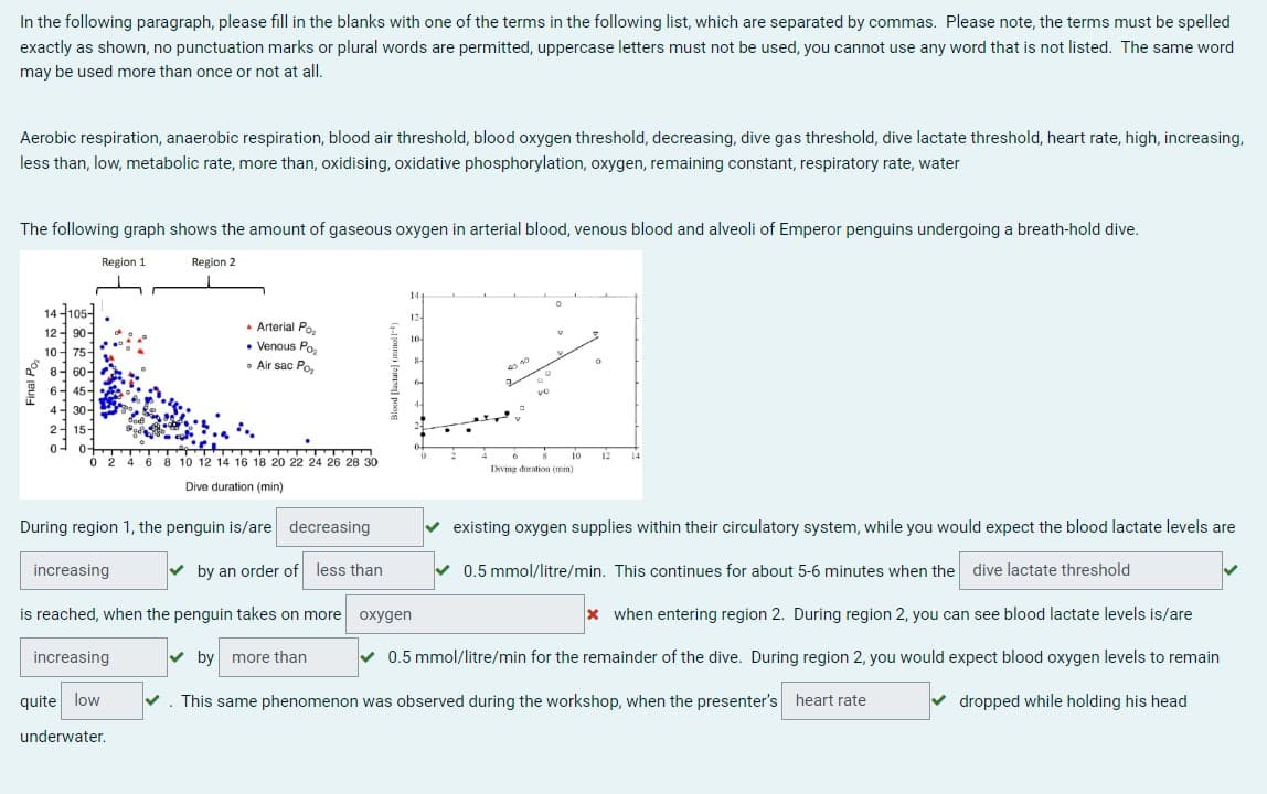 In the following paragraph, please fill in the blanks with one of the terms in the following list, which are separated by commas. Please note, the terms must be spelled
exactly as shown, no punctuation marks or plural words are permitted, uppercase letters must not be used, you cannot use any word that is not listed. The same word
may be used more than once or not at all.
Aerobic respiration, anaerobic respiration, blood air threshold, blood oxygen threshold, decreasing, dive gas threshold, dive lactate threshold, heart rate, high, increasing,
less than, low, metabolic rate, more than, oxidising, oxidative phosphorylation, oxygen, remaining constant, respiratory rate, water
The following graph shows the amount of gaseous oxygen in arterial blood, venous blood and alveoli of Emperor penguins undergoing a breath-hold dive.
Region 1
Region 2
14
O
14-105
12-
* Arterial Po₂
1290-
10-
• Venous Po₂
1075-
8
• Air sac Po
860-
6
45-
30-
15
8
10
12
14
0 2 4 6 8 10 12 14 16 18 20 22 24 26 28 30
Dive duration (min)
Diving duration (min)
existing oxygen supplies within their circulatory system, while you would expect the blood lactate levels are
During region 1, the penguin is/are decreasing
increasing
by an order of less than
0.5 mmol/litre/min. This continues for about 5-6 minutes when the dive lactate threshold
oxygen
is reached, when the penguin takes on more
x when entering region 2. During region 2, you can see blood lactate levels is/are
by more than ✔ 0.5 mmol/litre/min for the remainder of the dive. During region 2, you would expect blood oxygen levels to remain
increasing
. This same phenomenon was observed during the workshop, when the presenter's heart rate
dropped while holding his head
20
quite low
underwater.
40 40
O
PO
D
0