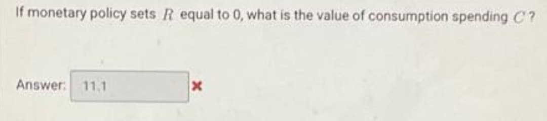 If monetary policy sets R equal to 0, what is the value of consumption spending C?
Answer: 11.1
