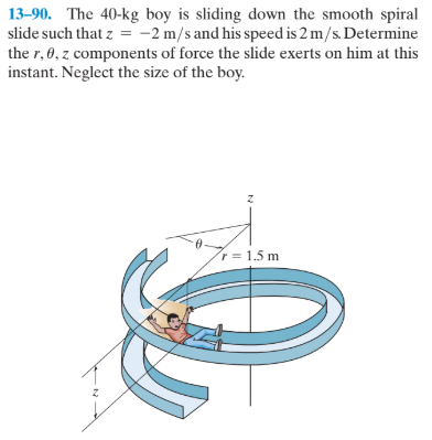 13–90. The 40-kg boy is sliding down the smooth spiral
slide such that z = -2 m/s and his speed is 2 m/s. Determine
the r, 0, z components of force the slide exerts on him at this
instant. Neglect the size of the boy.
r = 1.5 m
