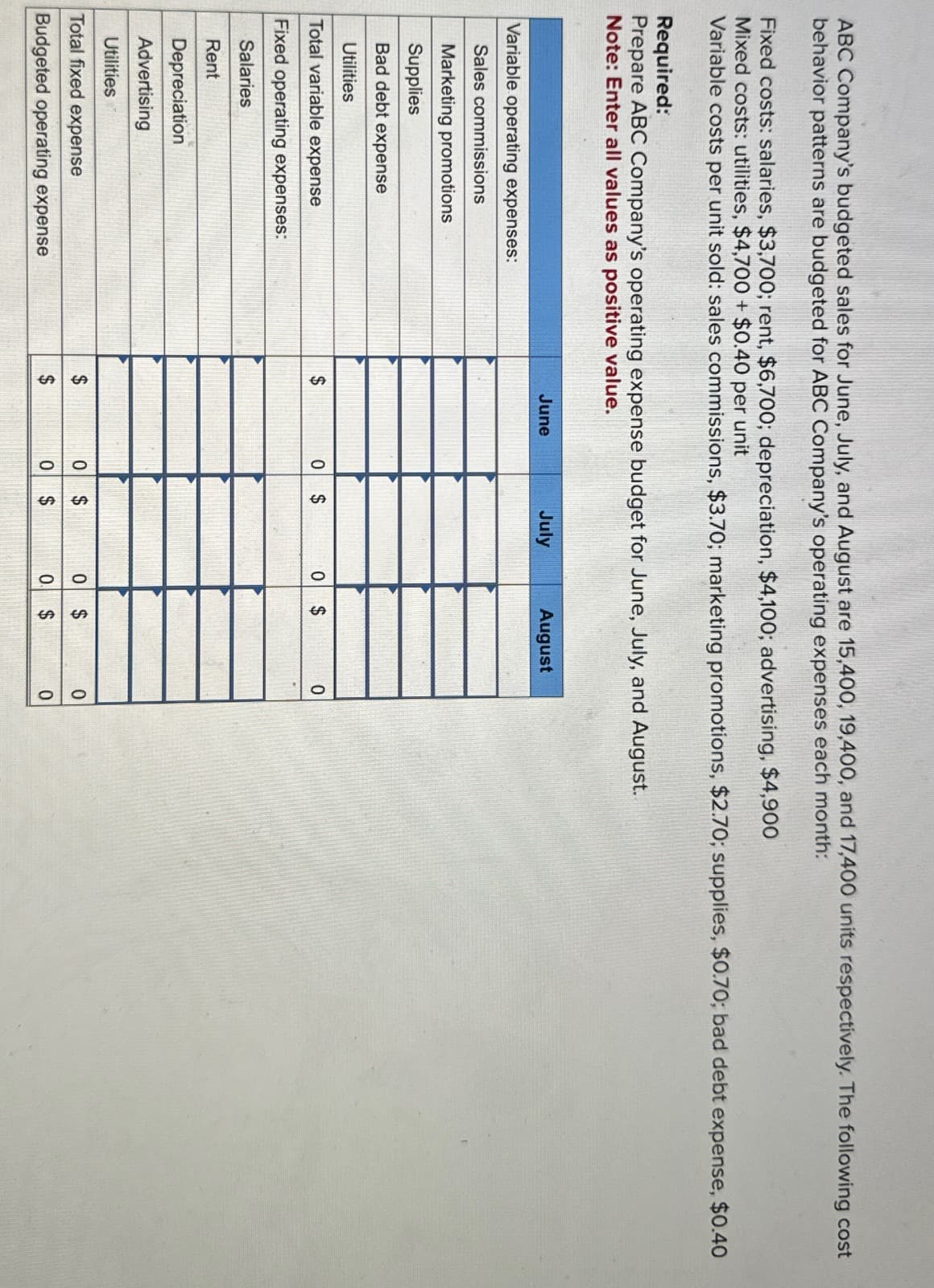 ABC Company's budgeted sales for June, July, and August are 15,400, 19,400, and 17,400 units respectively. The following cost
behavior patterns are budgeted for ABC Company's operating expenses each month:
Fixed costs: salaries, $3,700; rent, $6,700; depreciation, $4,100; advertising, $4,900
Mixed costs: utilities, $4,700 + $0.40 per unit
Variable costs per unit sold: sales commissions, $3.70; marketing promotions, $2.70; supplies, $0.70; bad debt expense, $0.40
Required:
Prepare ABC Company's operating expense budget for June, July, and August.
Note: Enter all values as positive value.
Variable operating expenses:
Sales commissions
Marketing promotions
Supplies
Bad debt expense
Utilities
Total variable expense
Fixed operating expenses:
Salaries
Rent
Depreciation
June
July
August
$
0 $
0
69
$
0
Advertising
Utilities
Total fixed expense
$
0 $
0 $
0
Budgeted operating expense
$
0
EA
$
0.
$
0