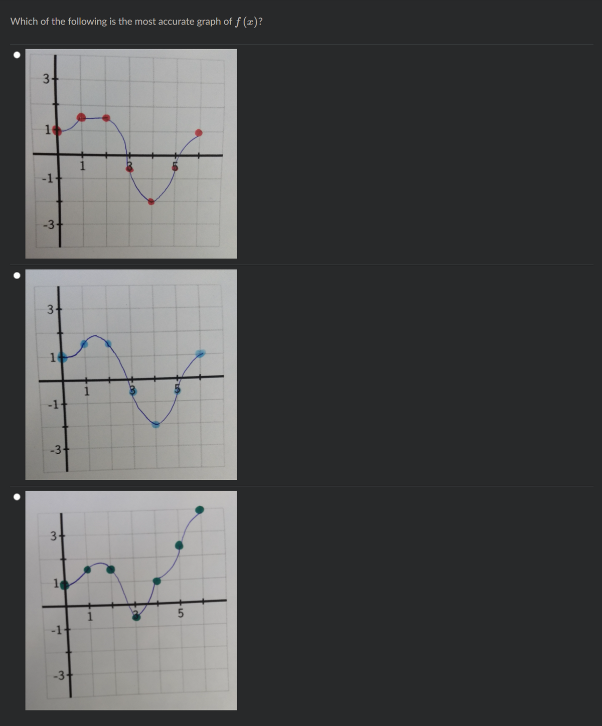 Which of the following is the most accurate graph of f (x)?
16
1
-3-
3
-1
-3
3
10
5
-1-
-3+
3.
1.
1.
