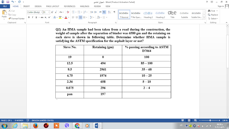 O B 5: O.
J- Ward (Product Activation Failed)
FILE
HOME
INSERT
DESIGN
PAGE LAYOUT
REFERENCES
MALINGS
REVIEW
VEW
Sign in
X Cut
A Find
Calibri (Body) - 11 AA Aa- 3a *
21 11
bccodEe bccDdte cDdEe CcDdEe dEe ccDdte
T Narmal No Spac. Heading Heading 2
bccDdEe
n Copy
Replace
E Select-
Paste
BIU-als x, x
Title
Subtitle
Subtle Em.
Format Painter
Cipboard
Font
Paragiaph
Styles
Editing
Q2) An HMA sample had been taken from a road during the construction, the
weight of sample after the separation of binder was 6580 gm and the retaining on
each sieve is shown in following table. Determine whether HMA sample is
satisfying the ASTM specification for the asphalt layer or not?
Sieve No.
Retaining (gm)
% passing according to ASTM
D7064
19
100
12.5
494
85 - 100
9.5
2961
35 – 60
4.75
1974
10 - 25
2.36
658
5- 10
0.075
296
2-4
pan
197
PAGE 1 OF 1
O WORDS LB ENGLISH UNITED STATES)
+ 130%
0669
T-TV-T.
