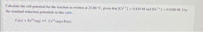 Calculate the cell potential for the reaction as written at 25.00 °C, given that [C] = 0.810 M and [Fe?*] = 0.0200 M. Use
%3D
the standard reduction potentials in this table.
Cr(s) + Fe*(aq) = C*(aq)+Fe(s)
