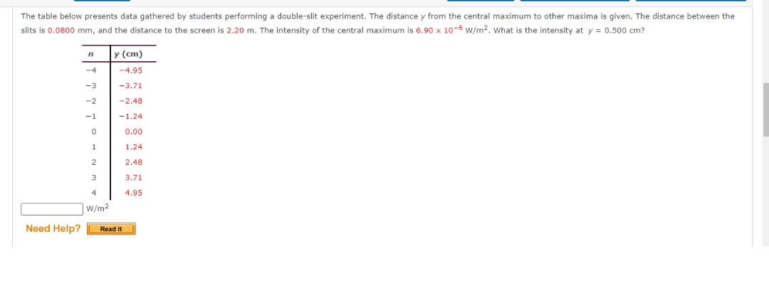 The table below presents data gathered by students performing a double-slit experiment. The distance y from the central maximum to other maxima is given. The distance between the
slits is 0.0800 mm, and the distance to the screen is 2.20 m. The intensity of the central maximum is 6.90 x 10-5 W/m2. what is the intensity at y = 0.500 cm?
y (cm)
-4
-4.95
-3
-3.71
-2
-2.48
-1
-1.24
0.00
1
1.24
2.48
3
3.71
4.95
w/m2
Need Help?
Read It
