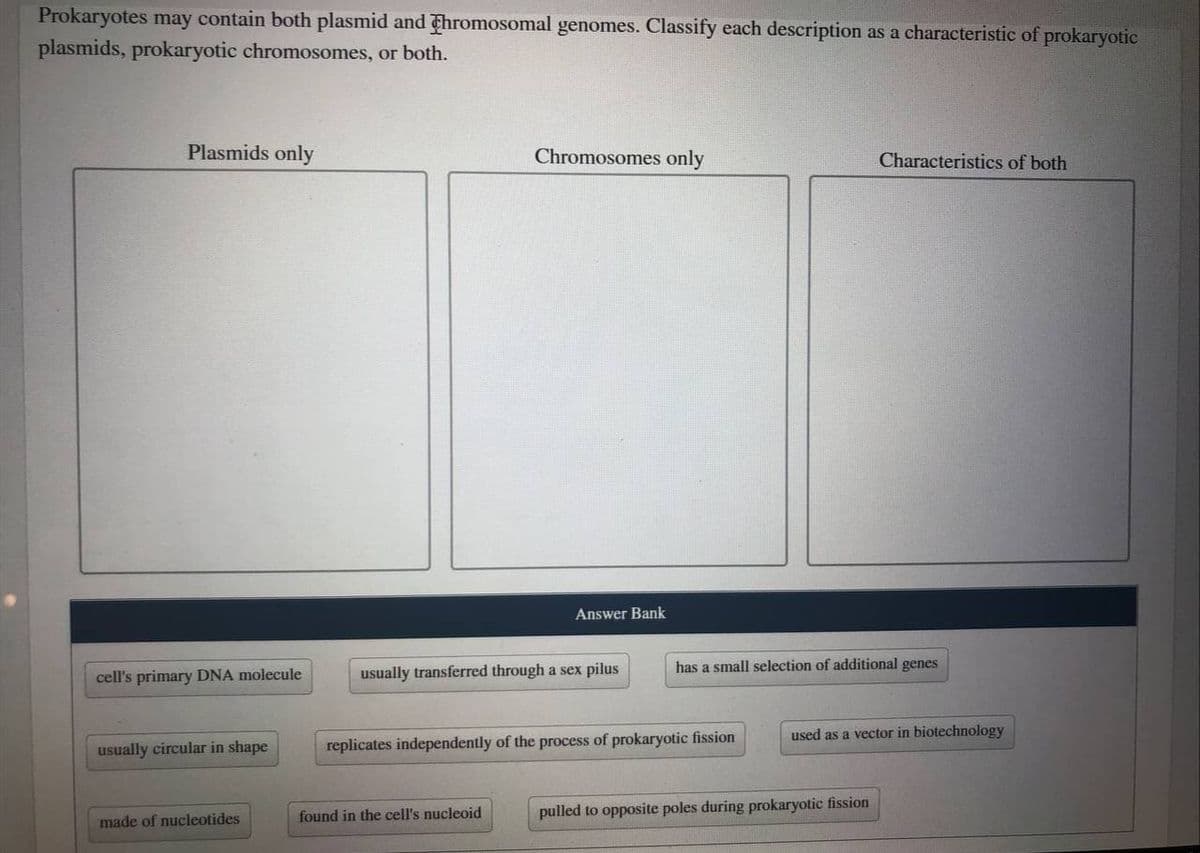 Prokaryotes may contain both plasmid and thromosomal genomes. Classify each description as a characteristic of prokaryotic
plasmids, prokaryotic chromosomes, or both.
Plasmids only
Chromosomes only
Characteristics of both
Answer Bank
has a small selection of additional genes
cell's primary DNA molecule
usually transferred through a sex pilus
used as a vector in biotechnology
usually circular in shape
replicates independently of the process of prokaryotic fission
found in the cell's nucleoid
pulled to opposite poles during prokaryotic fission
made of nucleotides
