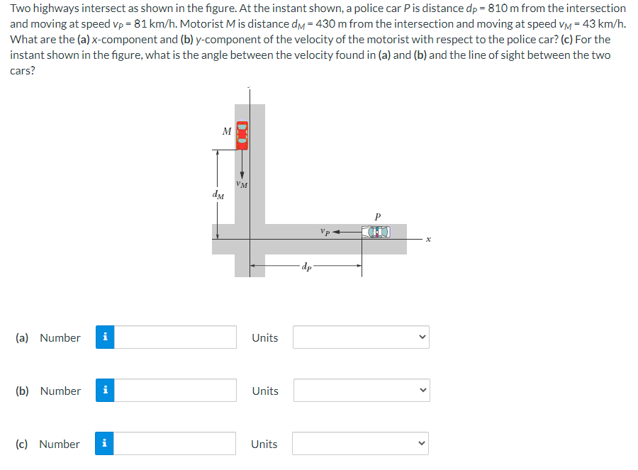 Two highways intersect as shown in the figure. At the instant shown, a police car P is distance dp = 810 m from the intersection
and moving at speed vp = 81 km/h. Motorist M is distance dm = 430 m from the intersection and moving at speed VM = 43 km/h.
What are the (a) x-component and (b) y-component of the velocity of the motorist with respect to the police car? (c) For the
instant shown in the figure, what is the angle between the velocity found in (a) and (b) and the line of sight between the two
cars?
(a) Number i
(b) Number
(c) Number
i
d
M
DIOR
VM
Units
Units
Units
dp
Vp