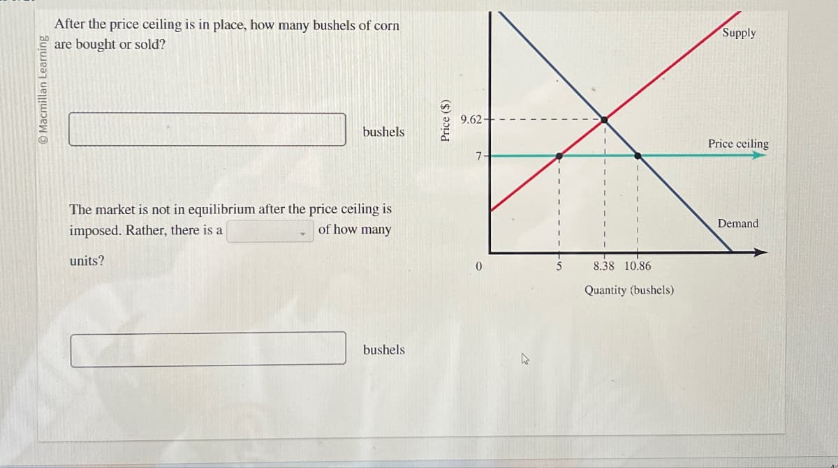 Macmillan Learning
After the price ceiling is in place, how many bushels of corn
are bought or sold?
bushels
The market is not in equilibrium after the price ceiling is
imposed. Rather, there is a
of how many
units?
bushels
Price ($)
9.62+
7.
0
W
T
8.38 10.86
Quantity (bushels)
Supply
Price ceiling
Demand