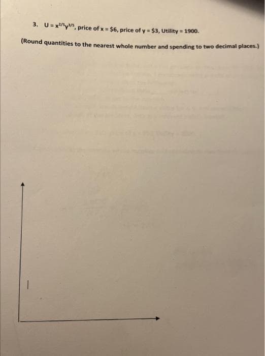 3. U=x²/³/s, price of x = $6, price of y=$3, Utility = 1900.
(Round quantities to the nearest whole number and spending to two decimal places.)