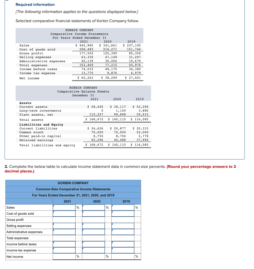 Required information
[The following information applies to the questions displayed below.]
Selected comparative financial statements of Korbin Company follow.
Sales
Cost of goods sold
Gross profit
Selling expenses
Administrative expenses
Total expenses
Income before taxes
Income tax expense
Net income
Assets
Current assets
Comparative Income Statements
For Years Ended December 31
Long-term investments
Plant assets, net
Total assets
KORBIN COMPANY
Liabilities and Equity
Current liabilities
Common stock
Other paid-in capital
Retained earnings
Total liabilities and equity
Sales
Cost of goods sold
Gross profit
Selling expenses
Administrative expenses
Total expenses
Income before taxes
Income tax expense
Net income
2021
$ 445,985
268,483
177,502
63,330
40,139
103,469
74,033
13,770
$ 60,263
KORBIN COMPANY
Comparative Balance Sheets
December 31
2020
$ 341,661
216,271
125,390
47,149
30,066
2021
%
77,215
48,175
9,876
$ 38,299
%
$ 58,445
0
KORBIN COMPANY
110,227
$ 168,672
$ 24,626
70,000
8,750
65,296
2020
Common-Size Comparative Income Statements
For Years Ended December 31, 2021, 2020, and 2019
2021
2020
$ 39,117
1,100
99,898
$ 140,115
2019
$ 237,100
151,744
85,356
31,297
19,679
%
50,976
34,380
6,979
$ 27,401
2. Complete the below table to calculate income statement data in common-size percents. (Round your percentage answers to 2
decimal places.)
%
$ 20,877
70,000
8,750
40,488
5,778
37,992
$ 168,672 $ 140,115 $ 116,085
2019
$ 52,290
3,880
59,915
$ 116,085
2019
$ 20,315
52,000
%
%